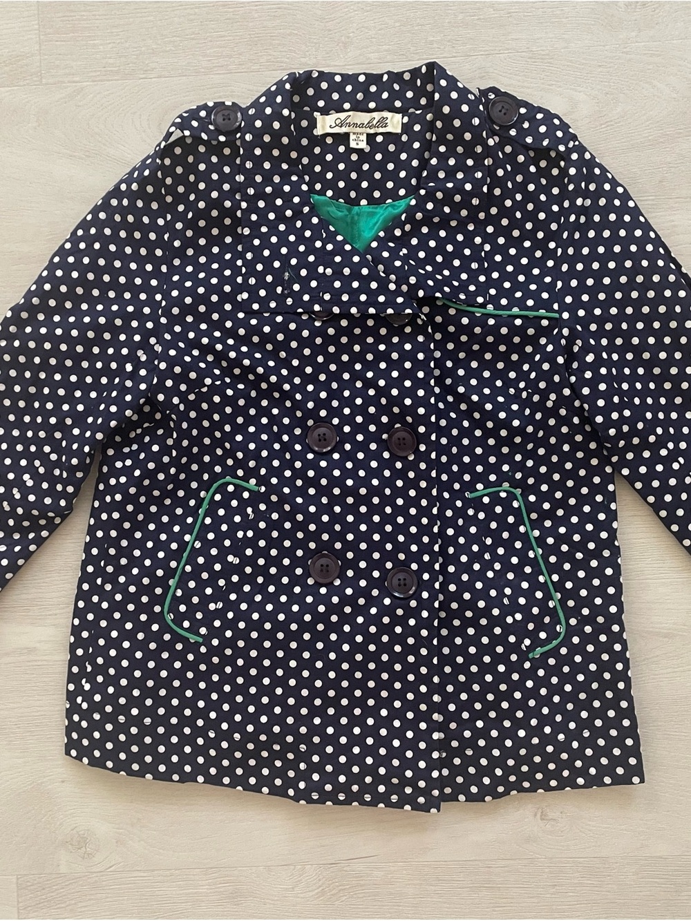 Annabella Navy Polka Dot Women’s Pea Coat with Green Trim